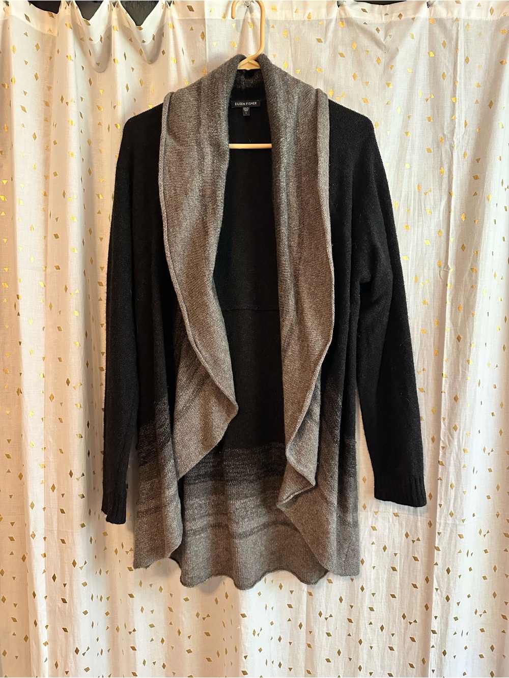 Eileen Fisher Black and Gray Open-Front Draped Cardigan